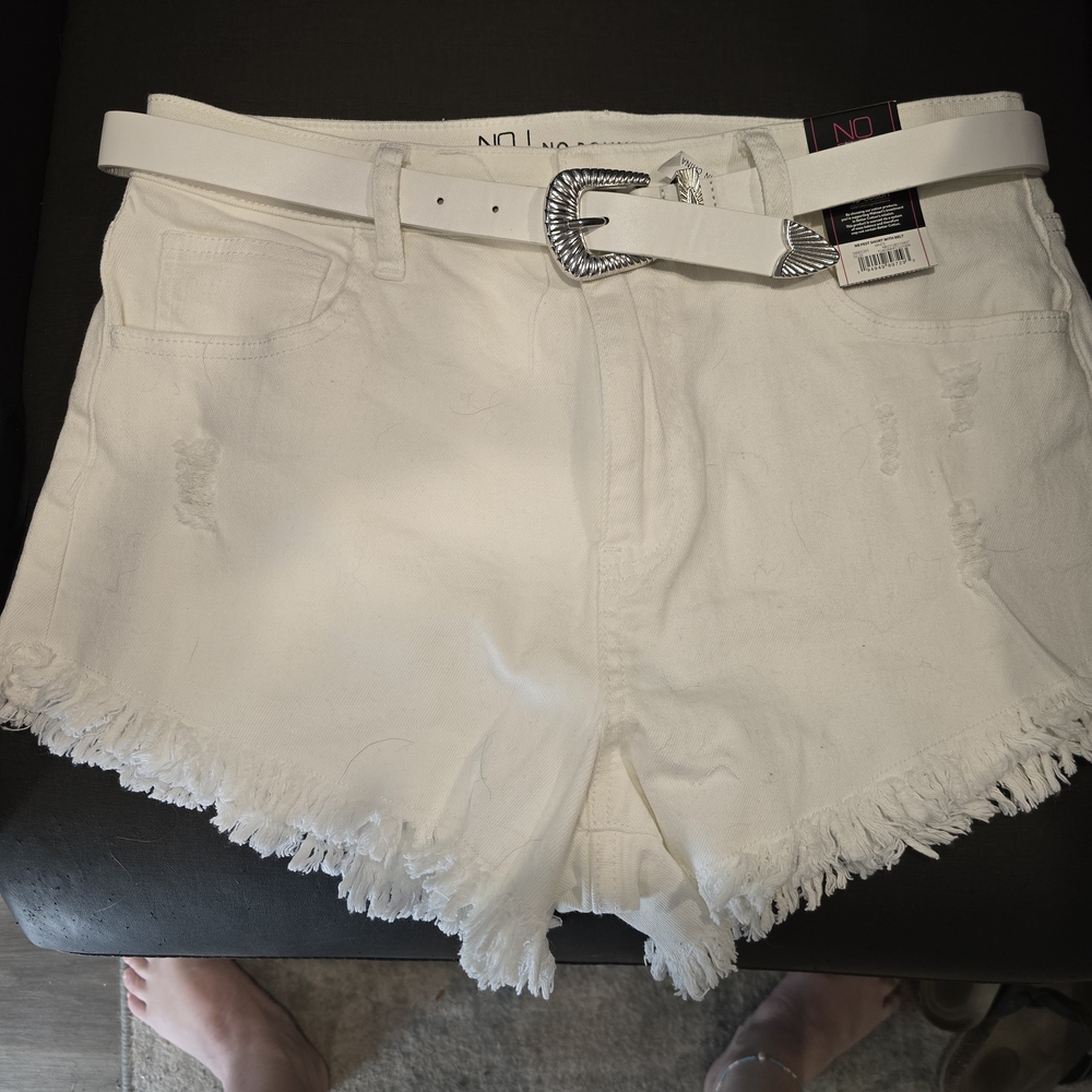 White Denim Frayed Hem Shorts with Belt